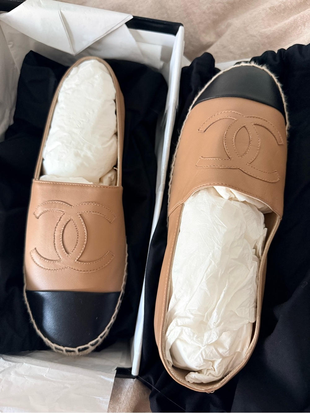 CHANEL Two-Tone Leather Espadrilles in Tan and Black - Picture 2 of 8